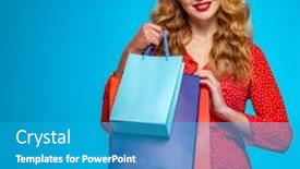  Presentation with beautiful young girl red - Beautiful PPT layouts featuring happy-young-woman-holds-bags backdrop and a teal colored foreground