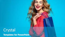  Presentation with beautiful young girl red - Audience pleasing slide deck consisting of happy-young-woman-holds-bags backdrop and a teal colored foreground