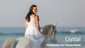  Presentation with sad woman diamond ring - Audience pleasing PPT layouts consisting of happy young woman horse ride on the beach backdrop and a gray colored foreground