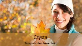  Presentation with golden woman - Beautiful PPT theme featuring happy young woman in autumn forest holding golden tree leaves backdrop and a gold colored foreground