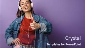  Presentation with denim - Amazing PPT layouts having happy-young-woman-in-denim backdrop and a violet colored foreground