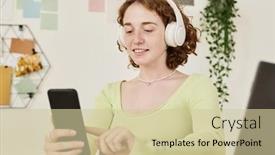  Presentation with living room - PPT theme having happy-young-woman-in-headphones background and a soft green colored foreground