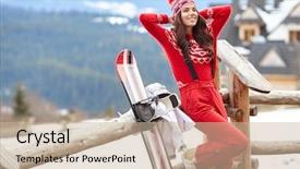  Presentation with woman sport - Theme having happy young woman in ski background and a soft green colored foreground