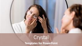  Presentation with happy sad mask face - PPT layouts enhanced with happy-young-woman-in-white background and a coral colored foreground