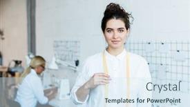  Presentation with machines - Beautiful PPT layouts featuring happy-young-woman-in-white backdrop and a sky blue colored foreground