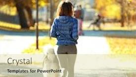  Presentation with dog park - Presentation design enhanced with happy young woman jogging with her dog in park background and a soft green colored foreground
