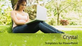  Presentation with sunshine - Slide deck having happy young woman leaning against a tree while using her notebook in the sunshine background and a yellow colored foreground
