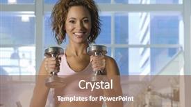  Presentation with lifting weights - PPT theme featuring happy young woman lifting weights at a gym background and a coral colored foreground