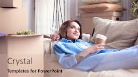  Presentation with tea coffee - Presentation design having happy-young-woman-lying background and a soft green colored foreground