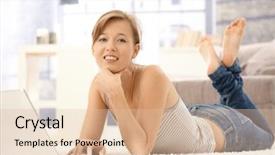  Presentation with computer room - Amazing theme having happy young woman lying on carpet in living room using laptop computer looking at camera smiling backdrop and a lemonade colored foreground