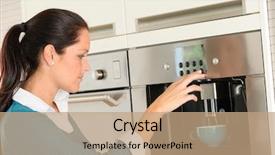  Presentation with cup coffee - Audience pleasing PPT layouts consisting of happy young woman making coffee backdrop and a coral colored foreground