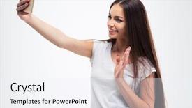  Presentation with selfie - Cool new presentation theme with happy young woman making selfie backdrop and a  colored foreground