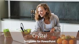  Presentation with salad - Presentation consisting of happy-young-woman-making background and a tawny brown colored foreground