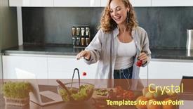  Presentation with computer music - Presentation design having happy-young-woman-making background and a tawny brown colored foreground