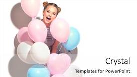  Presentation with balloon - Beautiful PPT theme featuring happy young woman on birthday backdrop and a white colored foreground