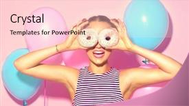  Presentation with donuts pink - Beautiful slide deck featuring happy young woman on birthday backdrop and a lemonade colored foreground