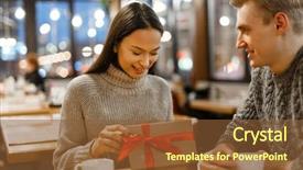  Presentation with gift - Audience pleasing PPT layouts consisting of happy young woman opening gift-box with surprise for valentine day backdrop and a tawny brown colored foreground