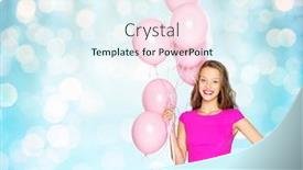  Presentation with helium - Presentation design consisting of happy young woman or teen with helium air balloons background and a sky blue colored foreground