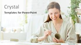 Presentation with clay - Beautiful PPT theme featuring happy young woman producing clay mug while working in studio backdrop and a white colored foreground