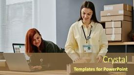  Presentation with donation - PPT layouts enhanced with happy-young-woman-putting-clothes background and a coral colored foreground