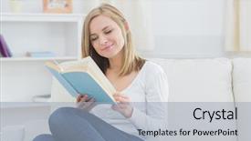  Presentation with storybook - Presentation theme having happy young woman reading storybook on couch at home background and a light blue colored foreground