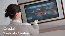  Presentation with living room - Colorful presentation theme enhanced with happy-young-woman-relax backdrop and a gray colored foreground