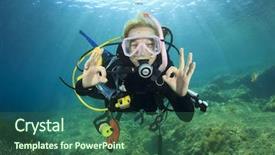  Presentation with scuba diving - Beautiful slides featuring happy young woman scuba diver backdrop and a ocean colored foreground