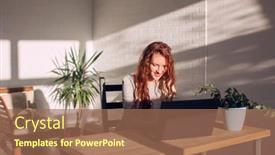  Presentation with education training - Presentation design enhanced with happy-young-woman-sit background and a coral colored foreground