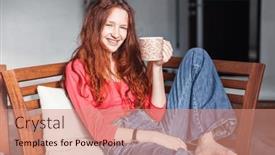  Presentation with tea coffee - Slides with happy-young-woman-sitting background and a coral colored foreground