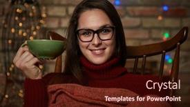  Presentation with hot tea - Audience pleasing theme consisting of happy young woman sitting at cosy home enjoying hot tea at wintertime backdrop and a wine colored foreground