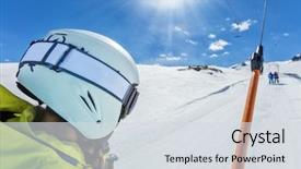  Presentation with outdoor activities - Slide set featuring happy young woman skier background and a  colored foreground