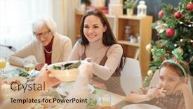  Presentation with bowl - PPT layouts featuring happy-young-woman-taking-bowl background and a coral colored foreground