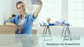  Presentation with happy new year 2022 - Presentation theme featuring happy-young-woman-taking-selfie background and a sky blue colored foreground