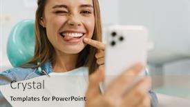  Presentation with selfie - Presentation design featuring happy-young-woman-taking background and a coral colored foreground