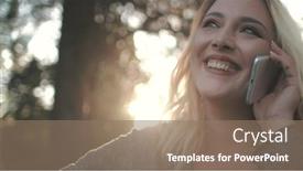  Presentation with mobile technology - Audience pleasing presentation theme consisting of happy-young-woman-talk backdrop and a coral colored foreground