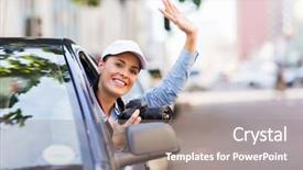  Presentation with touring - Audience pleasing theme consisting of happy young woman touring backdrop and a gray colored foreground