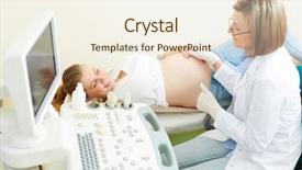  Presentation with examination - Colorful presentation design enhanced with obstetricia - happy young woman undergoing regular backdrop and a cream colored foreground