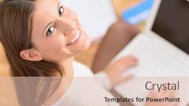  Presentation with laptop - PPT theme having happy-young-woman-using-laptop background and a lemonade colored foreground