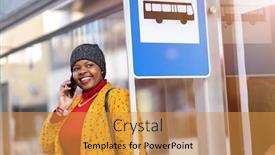  Presentation with bus stop - Colorful PPT theme enhanced with happy-young-woman-waiting backdrop and a gold colored foreground