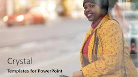  Presentation with bus stop - Presentation having happy-young-woman-waiting background and a soft green colored foreground