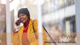  Presentation with bus stop - Beautiful PPT theme featuring happy-young-woman-waiting backdrop and a coral colored foreground