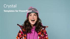  Presentation with gear - Beautiful presentation theme featuring happy-young-woman-wearing-snowboarding backdrop and a light blue colored foreground