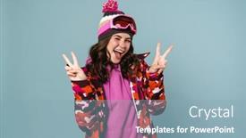  Presentation with gear - Audience pleasing PPT theme consisting of happy-young-woman-wearing-snowboarding backdrop and a light blue colored foreground