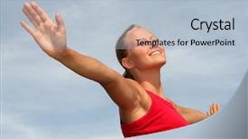  Presentation with happy birthday multicorored balloons - PPT theme with happy young woman with arms background and a  colored foreground