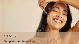  Presentation with beautiful hispanic woman - PPT layouts featuring happy-young-woman-with-bare background and a coral colored foreground