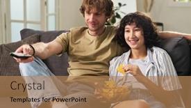  Presentation with couch potato - Slide deck having happy-young-woman-with-bowl background and a coral colored foreground