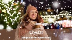  Presentation with happy holidays - Audience pleasing theme consisting of happy young woman with coffee backdrop and a coral colored foreground