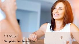  Presentation with tea coffee - Slides featuring happy young woman with cup of tea or coffee background and a coral colored foreground