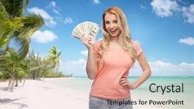  Presentation with rural tourism people adventure - PPT layouts consisting of happy young woman with dollar background and a coral colored foreground