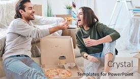  Presentation with takeaway coffee - Audience pleasing slides consisting of happy-young-woman-with-glass backdrop and a coral colored foreground